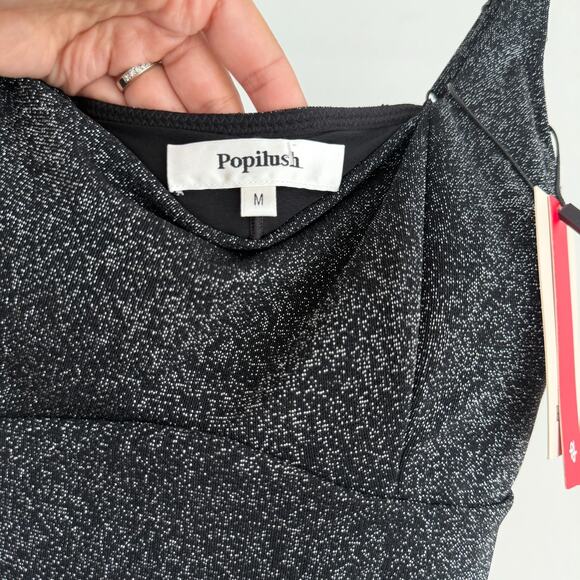 Popilush Dress Medium Black Silver Metallic Knit Bodycon Slip Sparkly Glam NYE - Picture 7 of 11